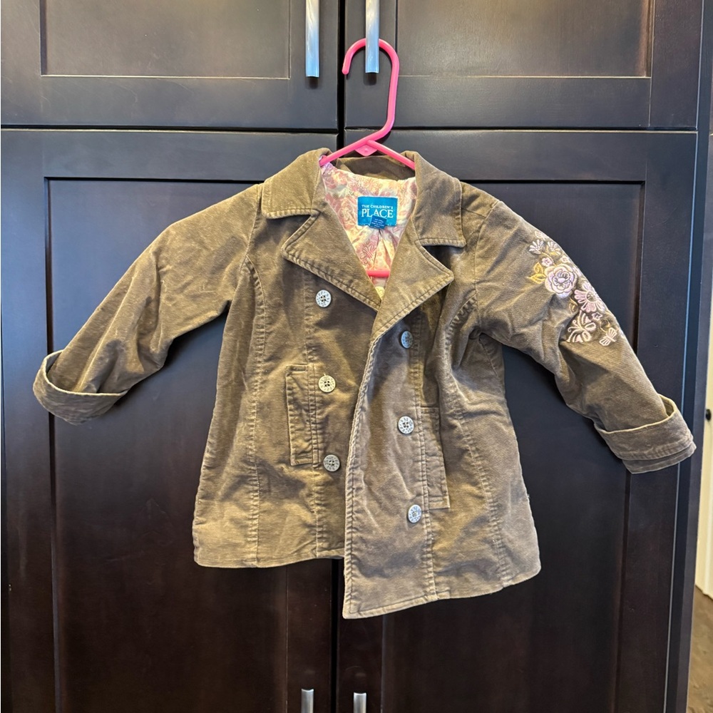 The Children's Place Brown velour feel Pea Coat with Floral Embroidery